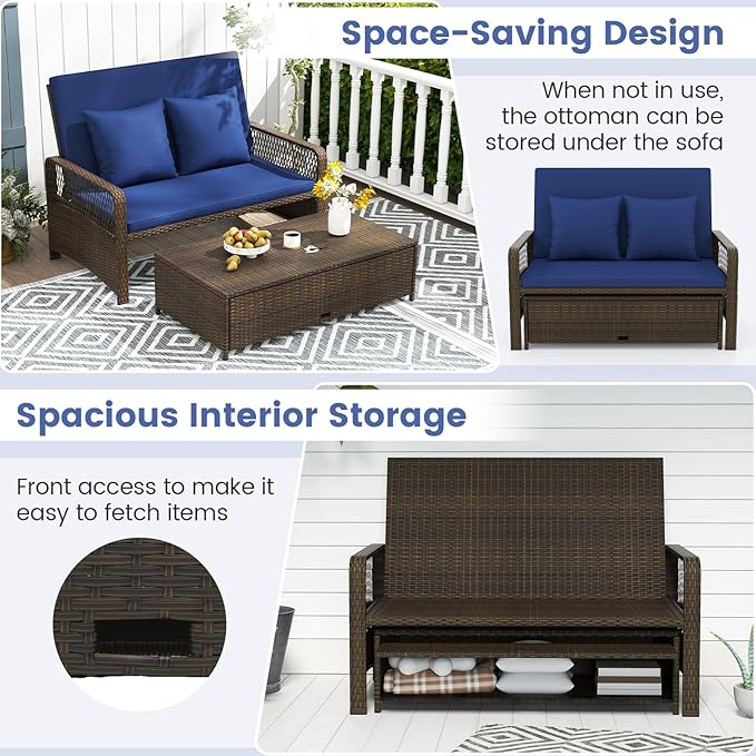 Moccha Outdoor Daybed, PE Rattan Double Chaise Lounge w/ 4-Level Adjustable Back, Storage Ottoman, Cushions & Pillows, Separated Seating, Wicker Sunbed for Garden Patio Furniture Set (Navy)