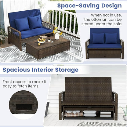 Moccha Outdoor Daybed, PE Rattan Double Chaise Lounge w/ 4-Level Adjustable Back, Storage Ottoman, Cushions & Pillows, Separated Seating, Wicker Sunbed for Garden Patio Furniture Set (Navy)