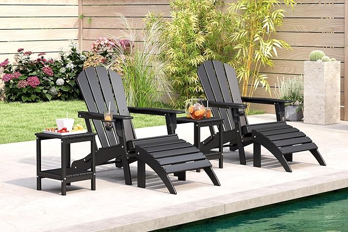 BRIOPAWS Folding-Adirondack-Chair | HDPE Plastic | Fire Pit Chairs | Cup Holder | Curved Back | All Weather | for Outdoor Backyard Deck Patio | Black