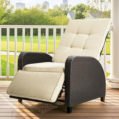 Green4ever Outdoor Patio Recliner with Adjustable Backrest and Footrest, All-Weather Wicker Patio Chair, 160° Lay Flat Patio Reclining Lounge Chair for Backyard Garden, Beige