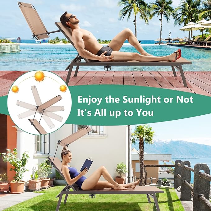 Giantex Outdoor Chaise Lounge Chair with Sunshade, 6 Adjustable Position, Sturdy Metal Frame, Cup Holder - Photo 5