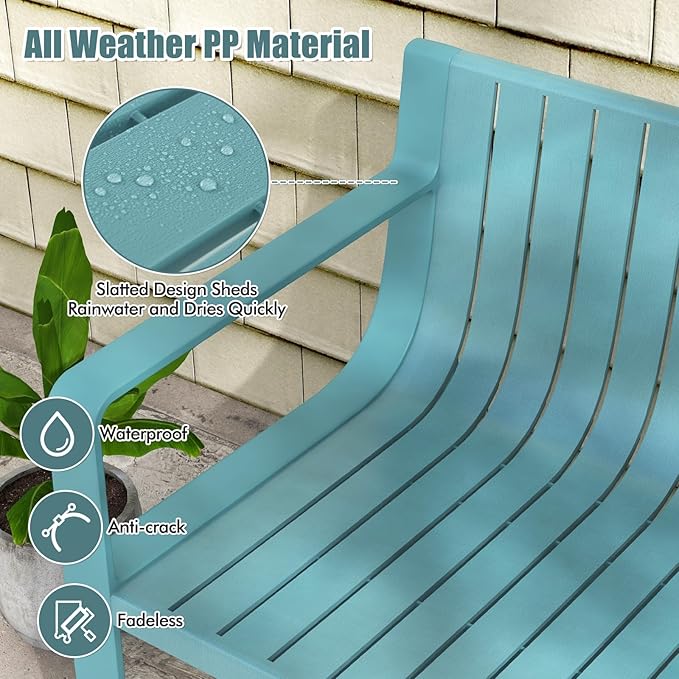 Tangkula Patio Loveseat, Weather-Resistant Plastic 2-Person Bench with Curved Backrest, Outdoor Conversation Furniture with Slatted Design for Patio, Poolside, Backyard, Garden, Deck, Lawn (Blue)