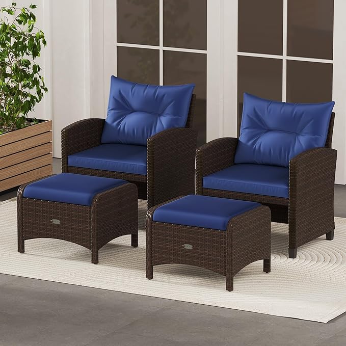 RELAX4LIFE Wicker Outdoor Ottomans for Patio - Set of 2 Rattan Footstools w/Removable Cushions - Photo 7