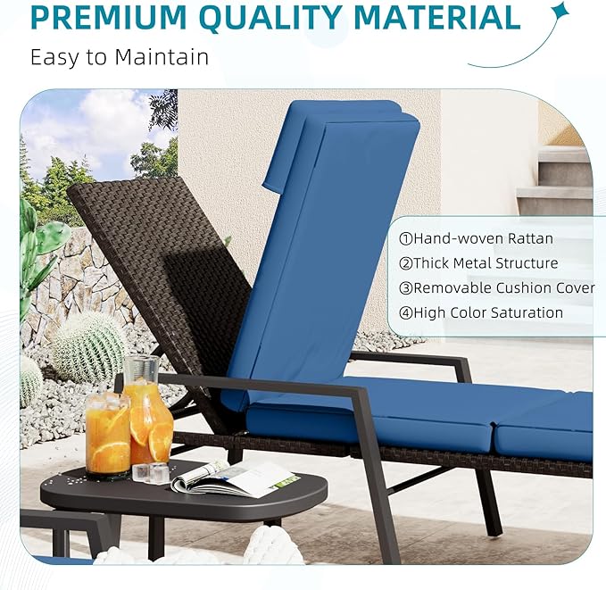 AECOJOY Lounge Chair Outdoor Set of 2, Adjustable Wicker PE Rattan Patio Chaise Chairs with Removable Cushion for Beach, Pool, Lawn, Black Rattan&Dark Blue Cuchion