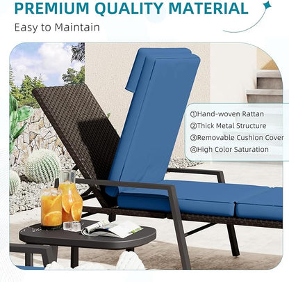 AECOJOY Lounge Chair Outdoor Set of 2, Adjustable Wicker PE Rattan Patio Chaise Chairs with Removable Cushion for Beach, Pool, Lawn, Black Rattan&Dark Blue Cuchion