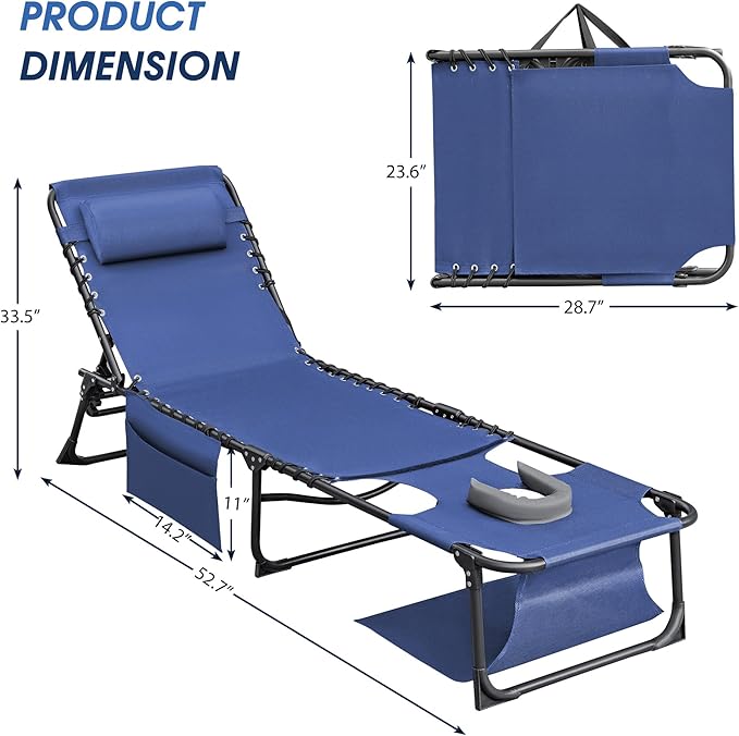 Flamaker Face Down Chaise Lounge Chair 5-Position Adjustable Sunbathing, Foldable Tanning Chair with Face& Arm Holes - Photo 3