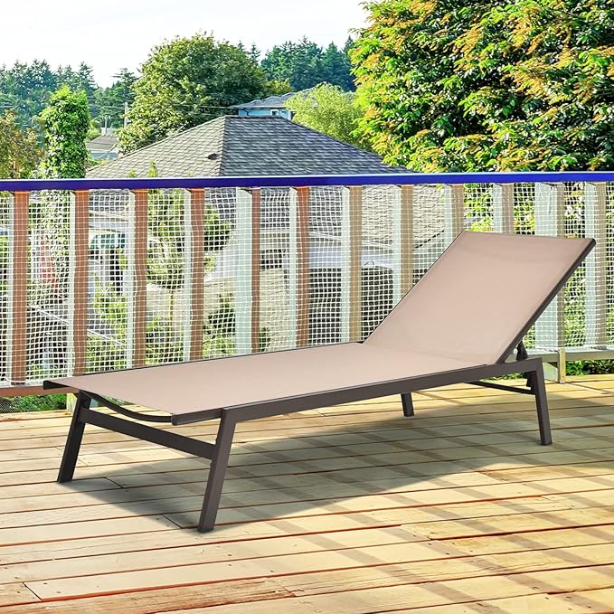 COSTWAY Patio Lounge Chair Outdoor, 6-Position Backrest Adjustable Pool Lounger, Metal Frame & Breathable Fabric - Photo 5
