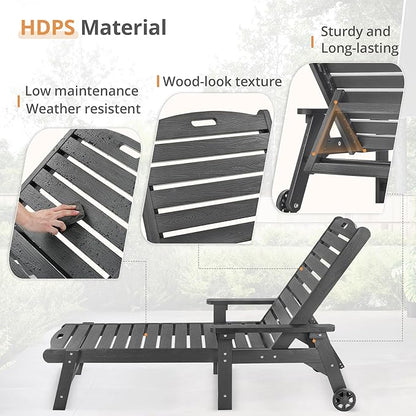 LUE BONA HDPS Chaise Lounge Chairs Set with Table, 3-Piece, Outdoor Pool Lounge Chair with Adjustable Backrest, Resin Patio Lounge Chairs with Wheels for Outside, Dark Gray