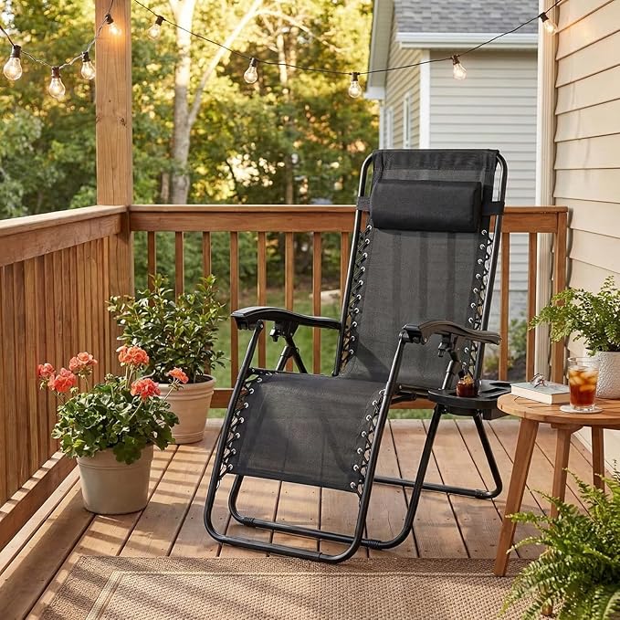 TLSUNNY Zero Gravity Chair Set of 2, Outdoor Folding Lounge W/Detachable Headrest & Holder Tray, Adjustable Textilene Lawn Reclining, No Assembly Required, for Patio, Garden, 330LBS (1, Black)