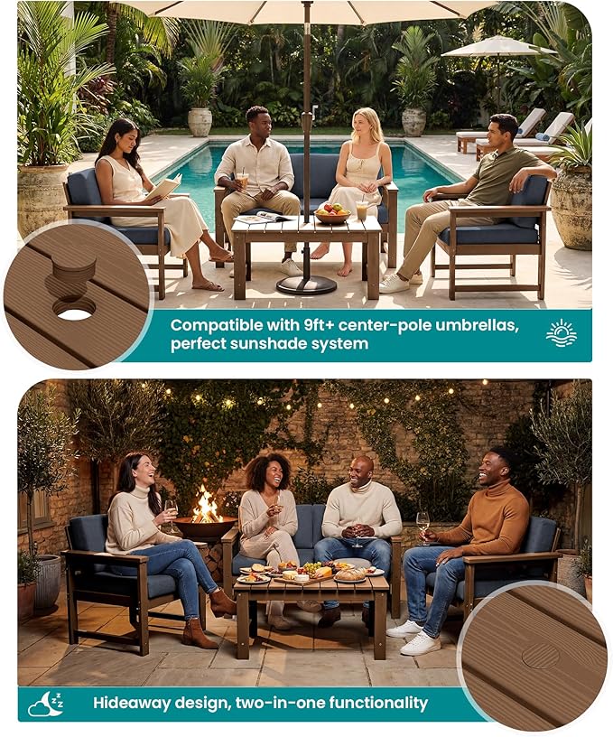 SERWALL HDPE Outdoor Loveseat with Cushions, All Weather Use Outdoor Loveseat Sofa, Brown Frame/Grey Cushion - Photo 8