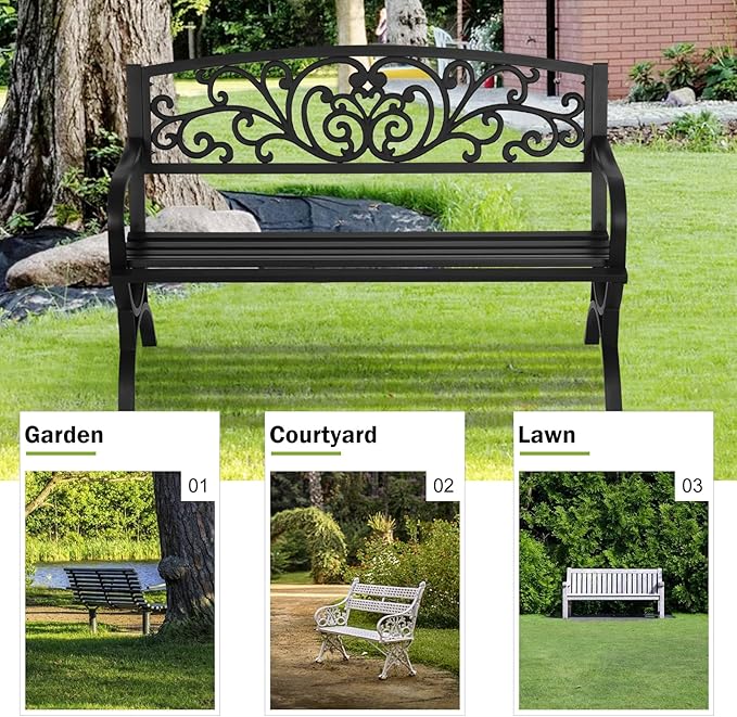 BSTOPHKL 50 Inches Outdoor Garden Bench,Metal Outdoor Furniture Patio Park Bench with Armrests Slatted Seat and Floral Design Backrest for Courtyard Porch Lawn Garden,Black