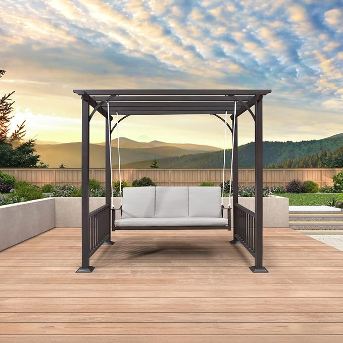 PURPLE LEAF 3-Seat Porch Swing Outdoor Metal Pergola Swing Bed Hanging Cloud Swing Chair with Stand for Backyard Garden - Photo 9