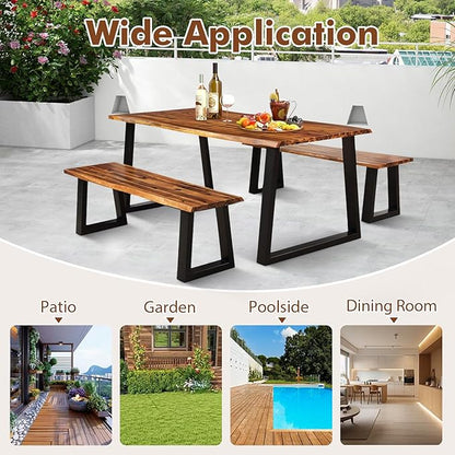 Outdoor Bench, 57.5” Rustic Acacia Wood Dining Bench with Metal Legs, Weatherproof Park Benches for Outside, 2-Person Backless Narrow Garden Bench for Indoors & Outdoors (1)