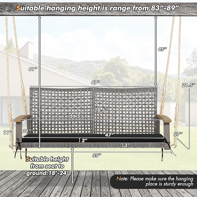 RELAX4LIFE 2-Seater Outdoor Porch Swing - Patio PE Rattan Hanging Swing Bench with Seat Cushion and Strong Hanging Ropes - Photo 5