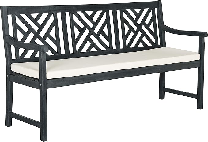 Safavieh PAT6738K Outdoor Collection Bradbury Grey 3 Seat Bench, Dark Slate Gray/Beige
