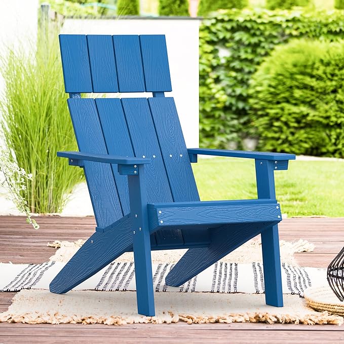LUE BONA Modern Adirondack Chair, HDPS, Navy Blue, High Back, Weather Resistant, 330LBS, Chair for Patio, Deck, Pool, Contemporary Design
