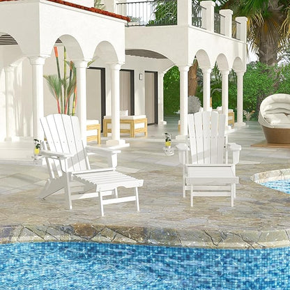 Folding Adirondack Chair with Retractable Ottoman Set of 2, All Weather Fire Pit Chairs with Cup Holder, Outdoor Chair with Ottoman,White