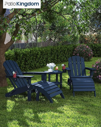 Adirondack Chair with Footrest,Folding Adirondack Chair with Retractable Ottoman,HDPE All Weather Fire Pit Chair with Cup Holder,2-Piece (Navy Blue, 1 Chair &1 footrest)