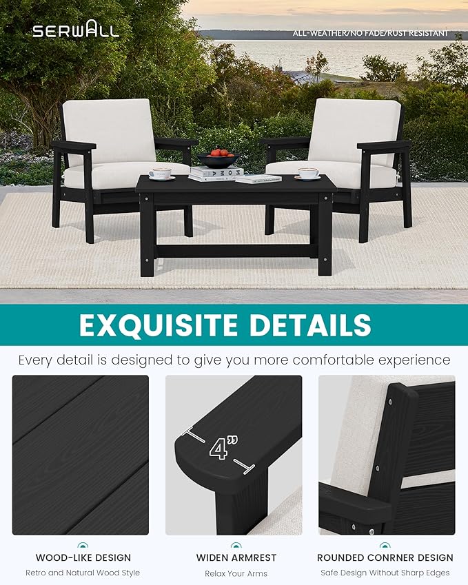 SERWALL HDPE Outdoor Couch Set of 2, All-Weather Wood-Like Patio Furniture Set, Black Outdoor Sofa Chairs with Khaki Cushions