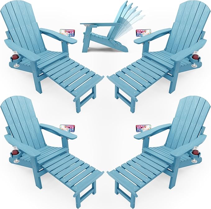 YEFU Adjustable Adirondack Chair with Footrest Set of 4, 5-Level Adjustable Adirondack Chair with Retractable Ottoman& 2 Cup Holder, Folding Adirondacks Chairs Use for Outdoor, Pool, Fire Pit (Blue)