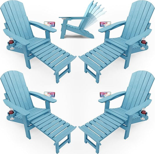 YEFU Adjustable Adirondack Chair with Footrest Set of 4, 5-Level Adjustable Adirondack Chair with Retractable Ottoman& 2 Cup Holder, Folding Adirondacks Chairs Use for Outdoor, Pool, Fire Pit (Blue)