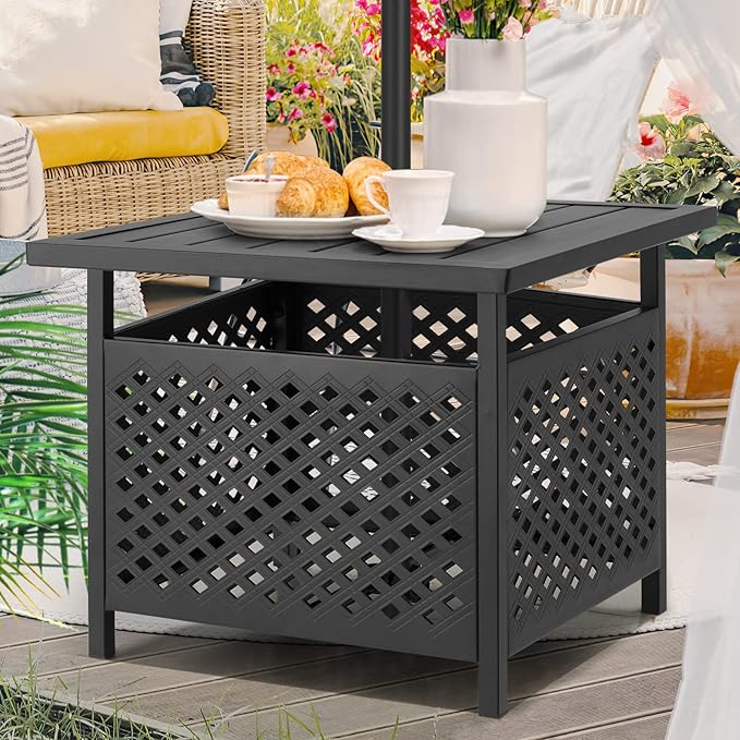 AECOJOY Black Metal Patio Table with Umbrella Hole, Outdoor Side End Table with Umbrella Hole, Small Outdoor Side End Coffe Table for Patio Deals, Pool Deck Umbrella Base Stand