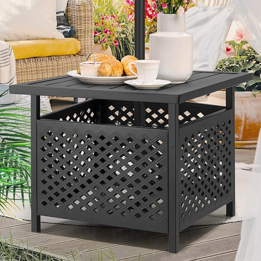AECOJOY Black Metal Patio Table with Umbrella Hole, Outdoor Side End Table with Umbrella Hole, Small Outdoor Side End Coffe Table for Patio Deals, Pool Deck Umbrella Base Stand