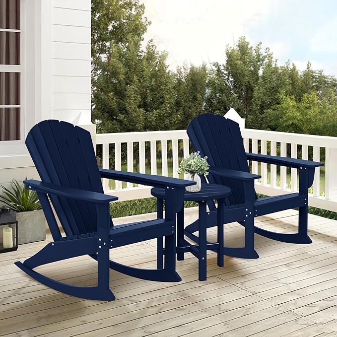 Costaelm Outdoor Adirondack Chair, All Weather Resistant Lawn Chairs Balcony Chair and Fire Pit Chairs, Deck Chairs Outdoor Porch Rocking Chair High Back HDPE Poly Lumber, Navy Blue