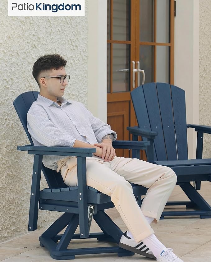 HDPE Swivel Glider Chair Outdoor, Weather Resistant Adirondack Outside Rocking Chair, Wooden Textured Outdoor Swivel Chair for Porch, Balcony, Poolside, Backyard (Navy Blue)