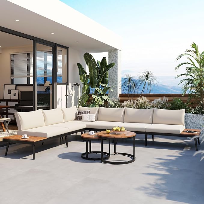 Modern Outdoor Sectional Sofa Set with Round Nesting Coffee Tables and Cushions, 6-Piece Patio Furniture Set for Porch - Photo 2