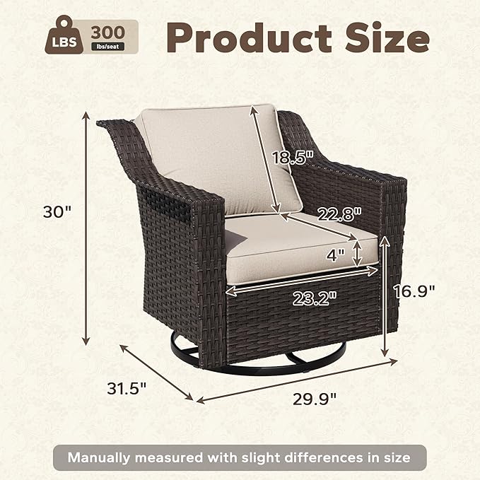 Outdoor Furniture Swivel Chair, Patio Glider Wicker Rocker Seating with Cushions for Porch Deck Balcony (Beige) - Photo 2