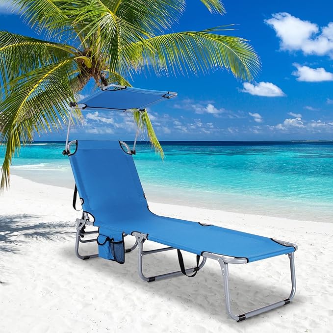 Tangkula Outdoor Folding Chaise Lounge Chair, 5-Fold Reclining Beach Chair, Patio Recliner Chair w/ 360° Canopy Shade & Side Storage Pocket, Portable Chaise Lounge for Beach, Sunbathing (2, Navy)
