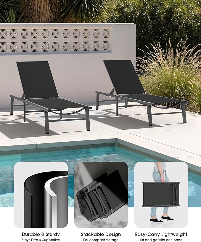 Ciokea Foldable Outdoor Lounge Chair Set of 4, No Assembly Aluminum Chaise Lounge Outdoor with 5-Positions, Aluminum Pool Lounge Chairs with Portable Design for Poolside, Beach, Deck, Patio, Black