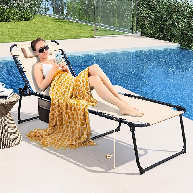Goplus Extra Large Lounge Chair Outdoor, 27” Wide Folding 5-Position Tanning Chair with Detachable Pillow, Side Pocket - Photo 2