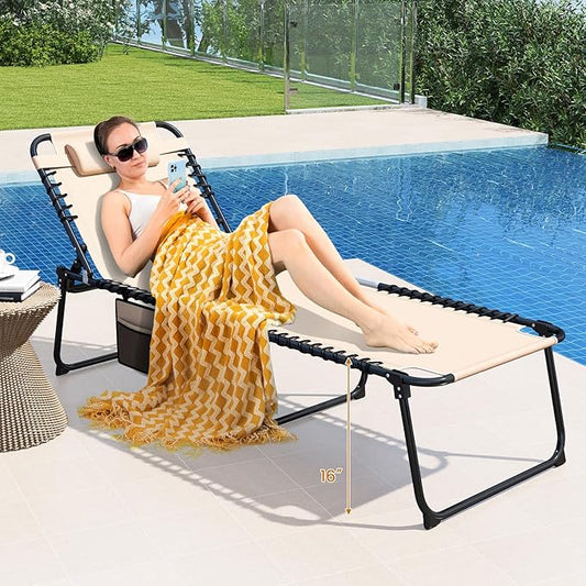 Goplus Extra Large Lounge Chair Outdoor, 27” Wide Folding 5-Position Tanning Chair with Detachable Pillow, Side Pocket, 16” High Chaise Lounger, 440LBS Capacity, Patio Lounge Chair for Yard Pool Yard