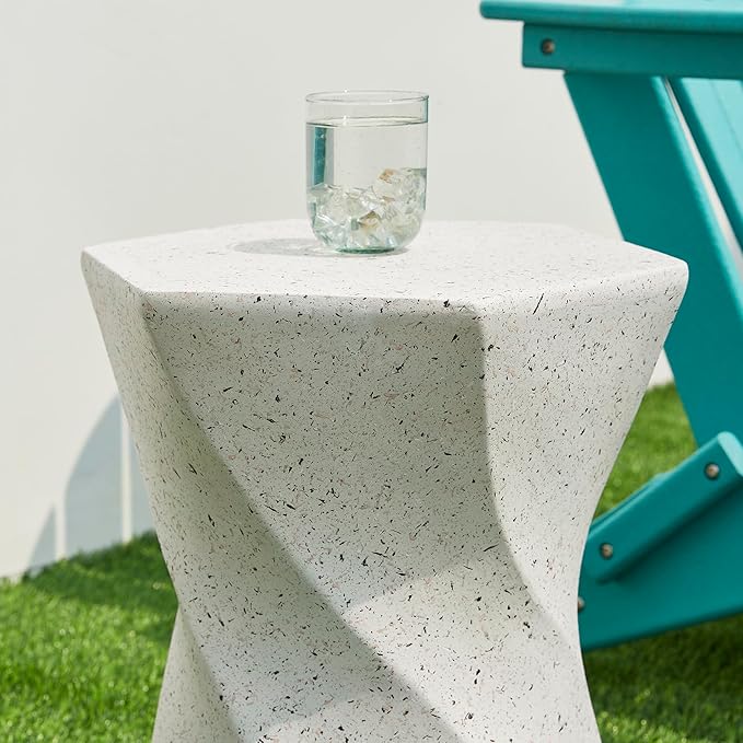 Glitzhome Outdoor Side Table, 17.75" H Decorative Garden Stool MGO Twist Faux Terrazzo End Table, Round Planter Stand for Indoor Outdoor Living Room Bedroom Patio Deck Poolside, White