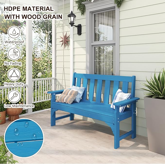 nalone Outdoor Bench, HDPE All Weather Patio Bench Load up to 800 Lbs, 2-Person Garden Bench Rot-Proof Fade Proof for Patio, Porch, and Park (Blue)