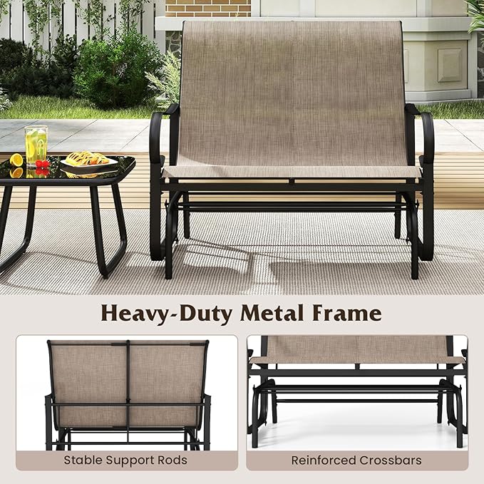 Tangkula Patio Gilder Bench, 2-Person Fabric Rocking Chair with High Backrest, Curved Armrests and Heavy-Duty Metal Frame, Outdoor Swing Loveseat for Porch, Garden and Backyard
