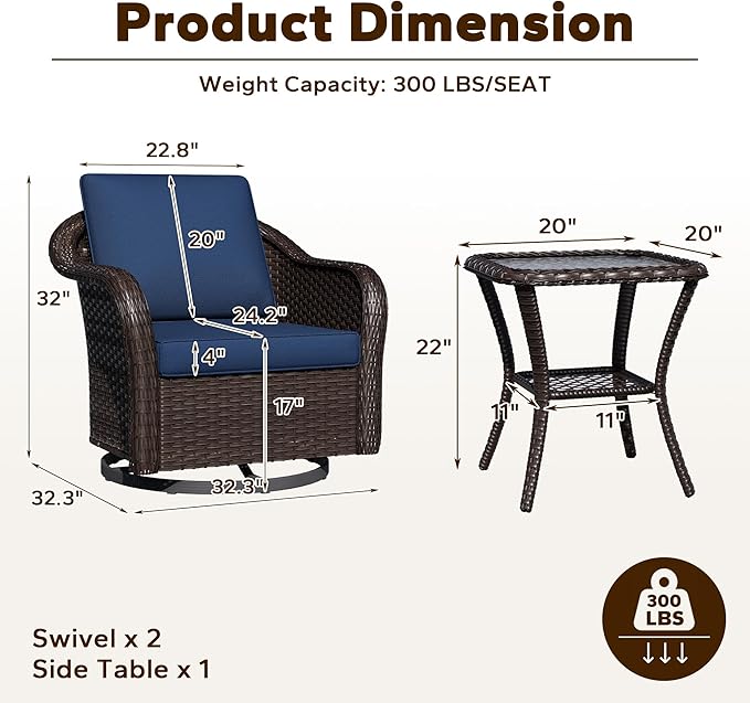 3 Piece Patio Wicker Bistro Set, 2 All-Weather Use Outdoor Wicker Swivel Chairs with PE Rattan Side Table - Photo 2