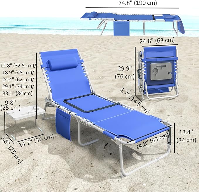 Outsunny Tanning Chair with Face Hole, Side Table, 5-Position Reclining Folding Chaise Lounge Chair Outdoor Lounger Recliner, Carry Straps for Beach Pool Camp, Breathable Mesh, Navy Blue