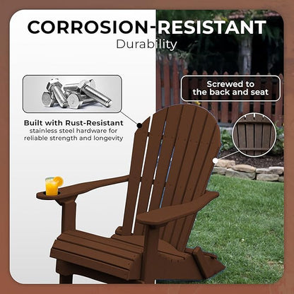 Ecommersify Folding Adirondack Chair with Cup Holder - (Tudor Brown) - Heavy Duty Recycled Poly Lumber Folding Chair - Amish Crafted Outdoor Furniture - Made in USA