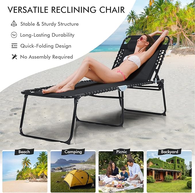 Goplus Chaise Lounge Chair, Folding 5-Postion Beach Lounge Chair with Detachable Pillow, Sunbathing Lounger, Adjustable Tanning Chair for Patio Lawn Pool Yard Outdoor