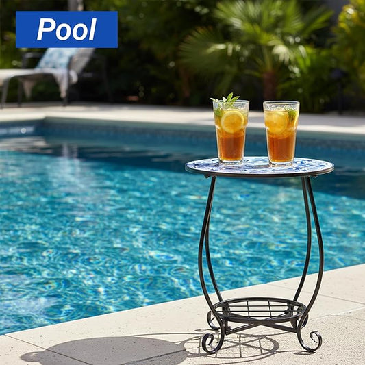 Mosaic Outdoor Side Table - Round Small Flower Patio Accent with Plant Stand, 14" Tea Coffee Metal Outside End Table for Balcony Garden Yard Patio Porch Indoor Living Room Bedroom Decor