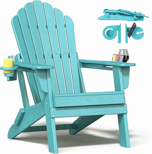 Oversized Adirondack Chair with Dual Cup Holders, Ergonomic High Back HDPE Fire Pit Chair, 380lbs Capacity All-Weather Outdoor Patio Lounge Chair for Garden, Deck, Yard - Aruba Blue