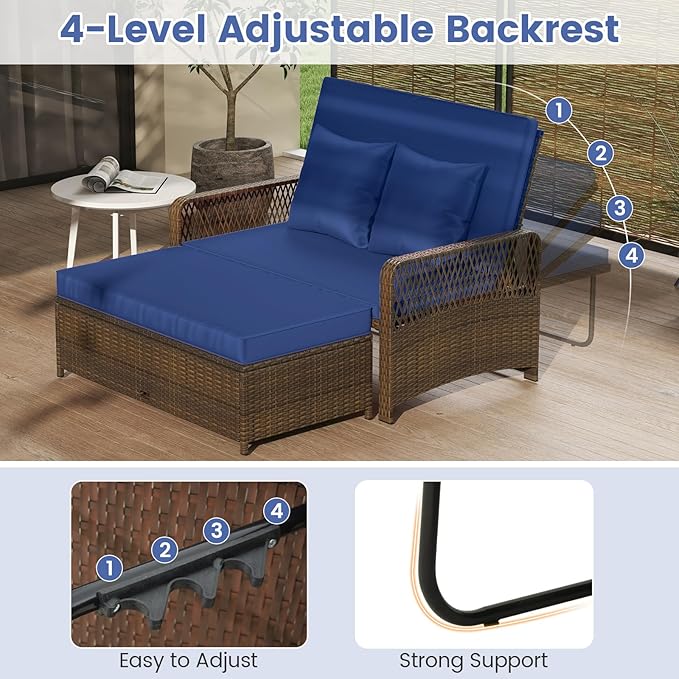 Moccha Outdoor Daybed, PE Rattan Double Chaise Lounge w/ 4-Level Adjustable Back, Storage Ottoman, Cushions & Pillows, Separated Seating, Wicker Sunbed for Garden Patio Furniture Set (Navy)