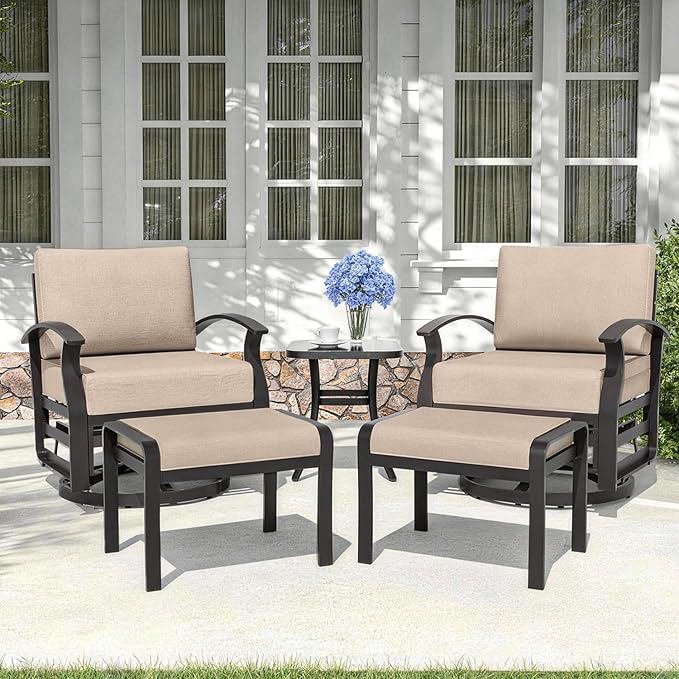 Kurapika 5 Pieces Patio Furniture Set, Outdoor Aluminum Swivel Gliders Rocker, Patio Bistro Set Rocking Chair with Thickened Cushions and Side Table(Sand)