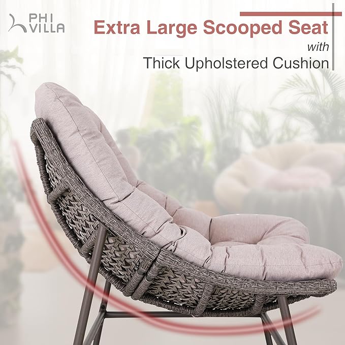 PHI VILLA Outdoor Papasan Chairs Set of 2, Oversized Scoop Wicker Chairs with Cushions & Steel Frame - Photo 3
