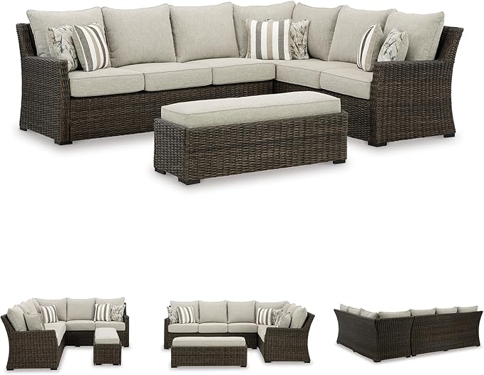 Signature Design by Ashley Brook Ranch Outdoor Sectional, All‑Weather Resin Wicker Patio Furniture With High‑Performance Cushions, Durable Aluminum Frame, Neutral