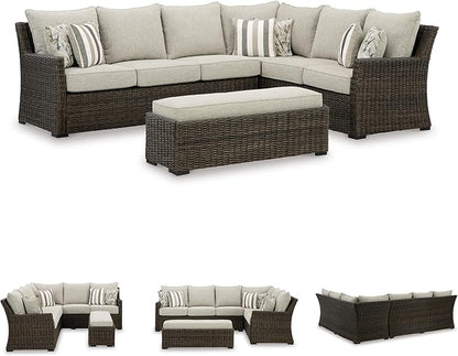 Signature Design by Ashley Brook Ranch Outdoor Sectional, All‑Weather Resin Wicker Patio Furniture With High‑Performance Cushions, Durable Aluminum Frame, Neutral