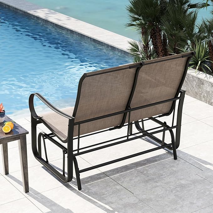 Tangkula Patio Gilder Bench, 2-Person Fabric Rocking Chair with High Backrest, Curved Armrests and Heavy-Duty Metal Frame, Outdoor Swing Loveseat for Porch, Garden and Backyard